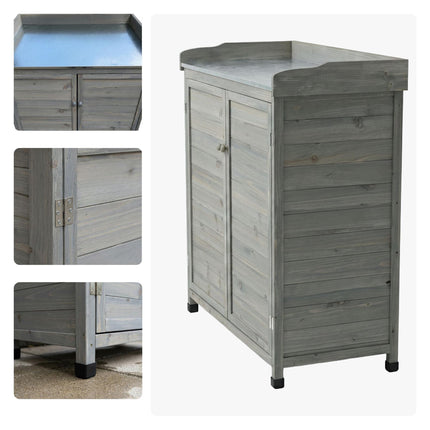 Garden Potting Bench with Cabinet, Grey, Galvanised Top