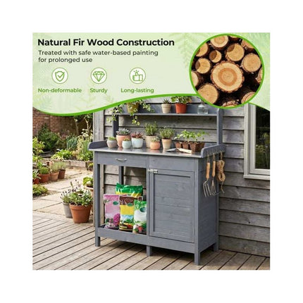 Garden Potting Bench with Stainless Steel Top, Lockable Cabinet, Grey