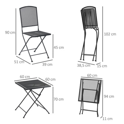Třídílný šedý kovový bistro set – stůl a skládací židle