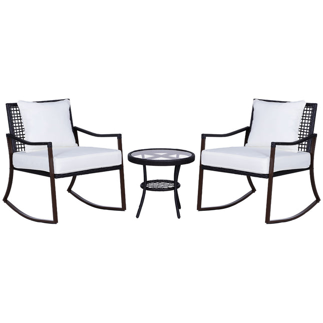 Tuinset Voor 2 Personen Schommelstoelenset Met Kussen Rotan Bruin + Wit