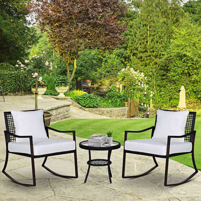 Tuinset Voor 2 Personen Schommelstoelenset Met Kussen Rotan Bruin + Wit