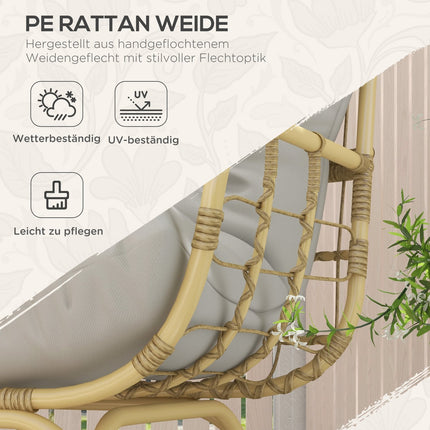 Dvoumístná ratanová zahradní pohovka, měkké polštáře, světle šedá