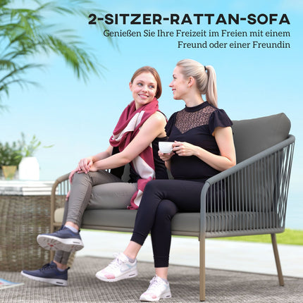 Outdoor rattan 2-seater sofa with cushions, gray