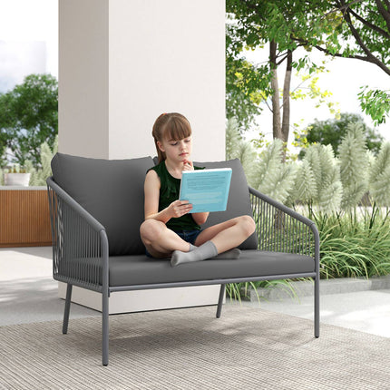 Outdoor rattan 2-seater sofa with cushions, gray