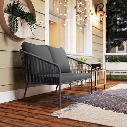 Outdoor rattan 2-seater sofa with cushions, gray