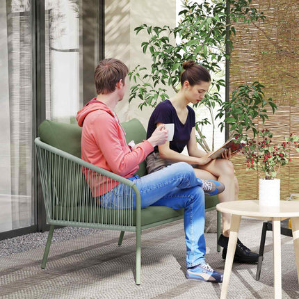 Outdoor 2-seater green rattan sofa with cushions