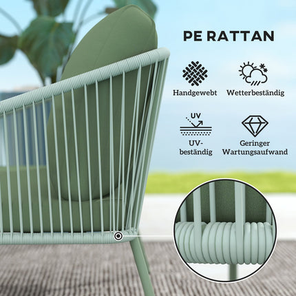 Outdoor 2-seater green rattan sofa with cushions