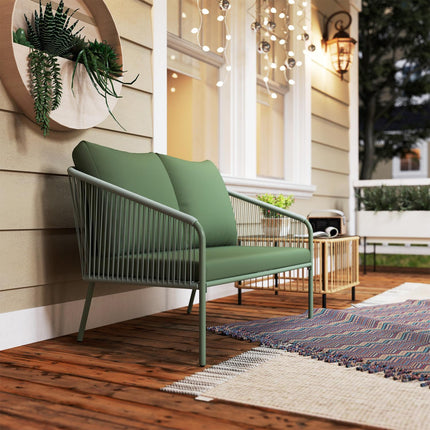 Outdoor 2-seater green rattan sofa with cushions