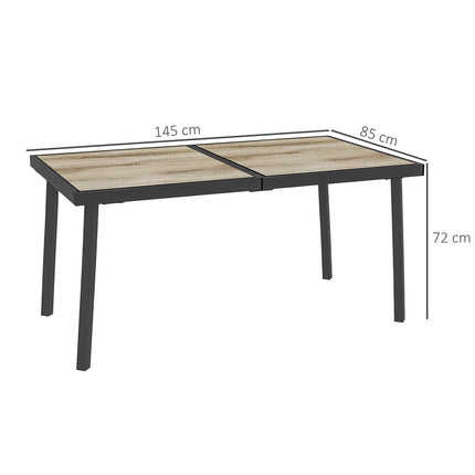 Outdoor dining table for 6, wood look, steel frame, grey