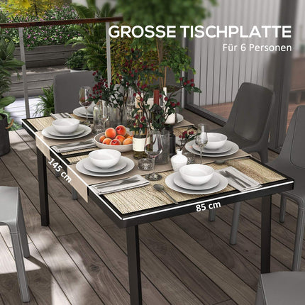 Outdoor dining table for 6, wood look, steel frame, grey