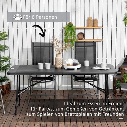 Folding patio dining table for 6, wood look, dark grey