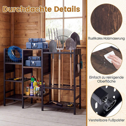 Garden Tool Organizer with Wooden Shelves, Black & Brown