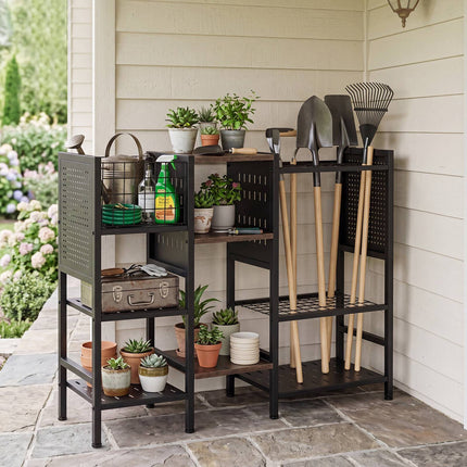 Garden Tool Organizer with Wooden Shelves, Black & Brown