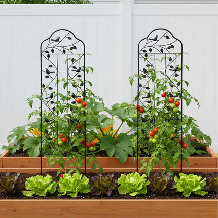 Garden Trellis, Leaf and Bird Motif, Black Steel