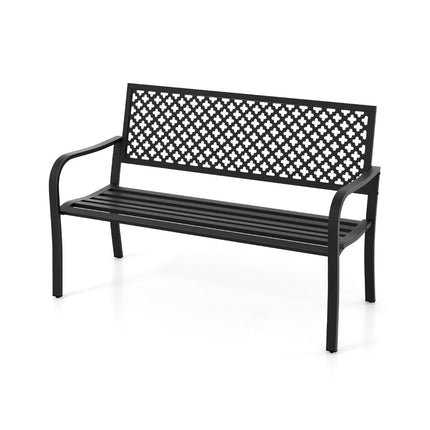 Zahradní kovová lavice odolná povětrnosti pro 2-3 osoby, parková lavice s opěradlem a područkami 127 x 62 x 86 cm, černá