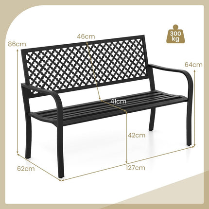 Zahradní kovová lavice odolná povětrnosti pro 2-3 osoby, parková lavice s opěradlem a područkami 127 x 62 x 86 cm, černá