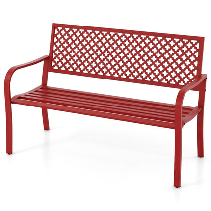 Zahradní kovová lavice odolná povětrnosti pro 2-3 osoby, parková lavice s opěradlem a područkami 127 x 62 x 86 cm, červená