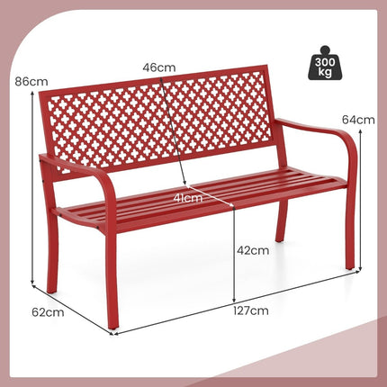 Zahradní kovová lavice odolná povětrnosti pro 2-3 osoby, parková lavice s opěradlem a područkami 127 x 62 x 86 cm, červená