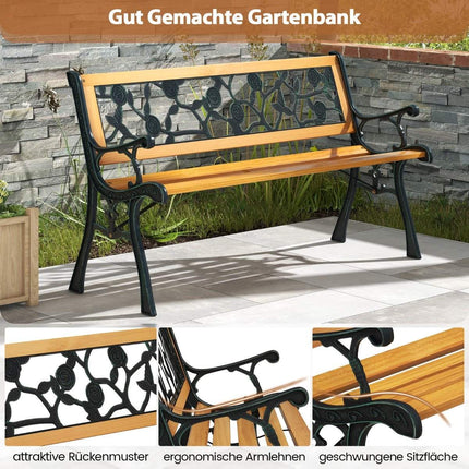 Garden bench with cast metal frame and wooden seat. Ergonomic bench for 3 people, 127.5 cm long