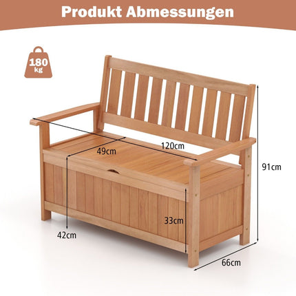 Garden bench with storage space, 2-seater bench, solid wood, can hold up to 180 kg, 120 x 66 x 91 cm, natural