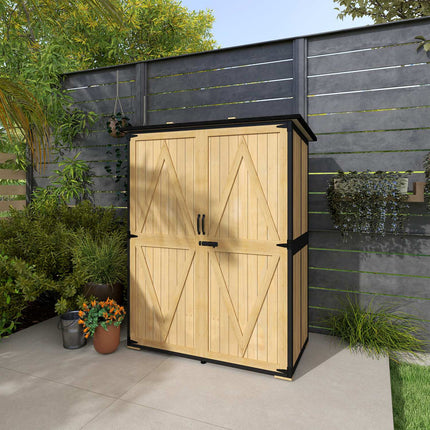 Weatherproof wooden garden tool shed with shelves
