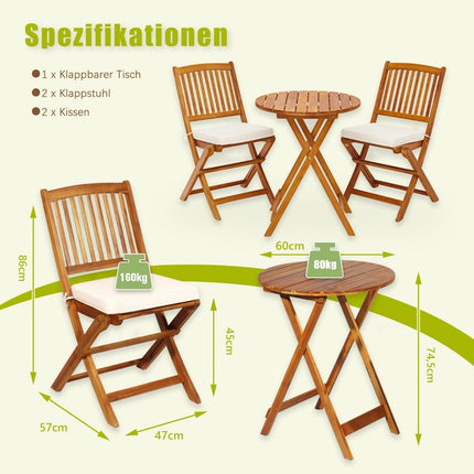 Sestava zahradního nábytku 3dílná balkonová sestava se 2 židlemi a kulatým konferenčním stolkem z akáciového dřeva, skládací bistro set na terasu, béžová