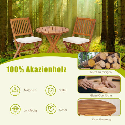 Sestava zahradního nábytku 3dílná balkonová sestava se 2 židlemi a kulatým konferenčním stolkem z akáciového dřeva, skládací bistro set na terasu, béžová