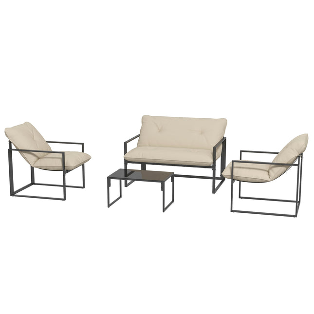 Tuinmeubelset 4 personen met 2 zitsbank, 2 fauteuils en 1 salontafel 3 kussens voor patiotuin - zwart staal, grijs polyester Aosoom