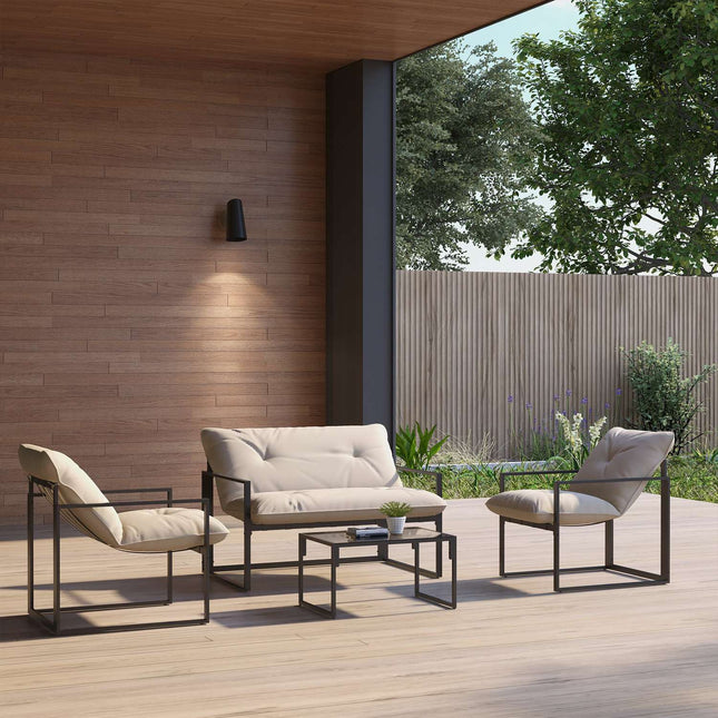 Tuinmeubelset 4 personen met 2 zitsbank, 2 fauteuils en 1 salontafel 3 kussens voor patiotuin - zwart staal, grijs polyester Aosoom
