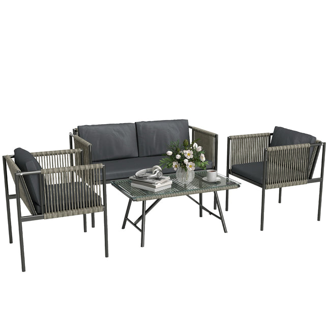 Tuinmeubelset van polyrotan loungeset met 2 fauteuils glazen tafelkussens weerbestendig balkonmeubilair voor 4 personen buitenzitgroep terrasmeubilair voor tuin balkon grijs | Aosoom