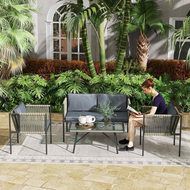 Tuinmeubelset van polyrotan loungeset met 2 fauteuils glazen tafelkussens weerbestendig balkonmeubilair voor 4 personen buitenzitgroep terrasmeubilair voor tuin balkon grijs | Aosoom