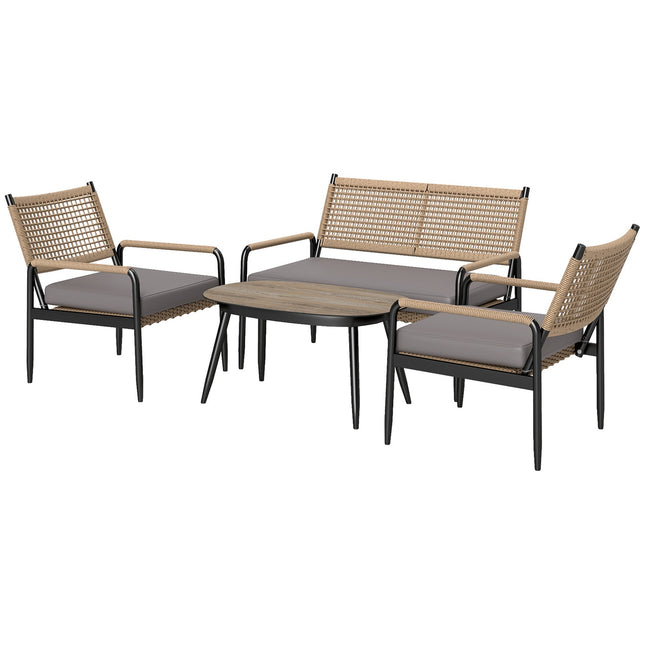 Tuinmeubelset van polyrotan loungeset met 2 fauteuils glazen tafelkussens weerbestendige zitgroep voor 4 personen buitenbalkonmeubelset terrasmeubilair voor tuinbalkon donkergrijs + geel |