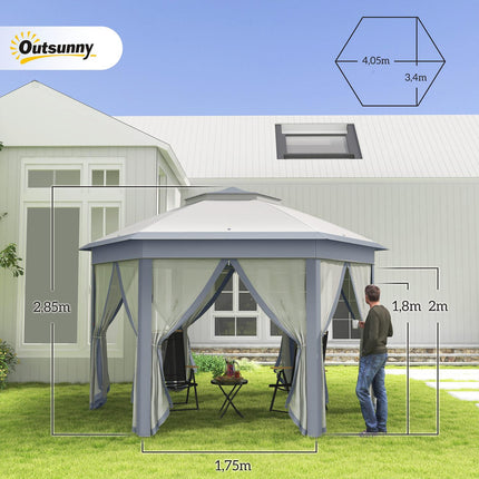 Šestihranný pop-up párty stan, 4x4m, se 6 bočnicemi, šedá
