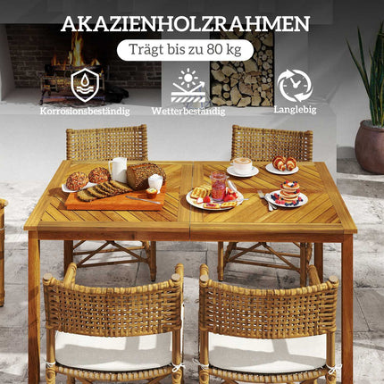 Zahradní stůl 150x85cm, balkonový stůl ze dřeva odolný povětrnosti, pro 6 osob s otvorem pro slunečník, laťkový design přírodní dřevo
