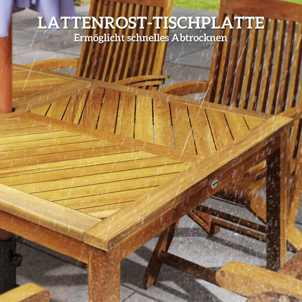 Zahradní stůl 150x85cm, balkonový stůl ze dřeva odolný povětrnosti, pro 6 osob s otvorem pro slunečník, laťkový design přírodní dřevo