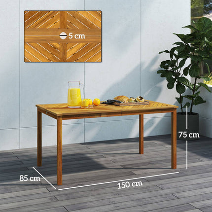 Zahradní stůl 150x85cm, balkonový stůl ze dřeva odolný povětrnosti, pro 6 osob s otvorem pro slunečník, laťkový design přírodní dřevo