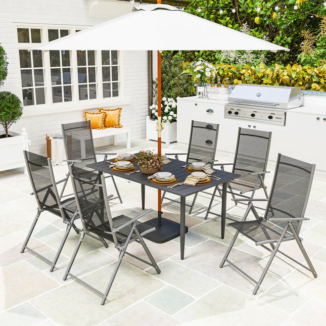Tuintafel 150x90cm, weerbestendige balkontafel van staal, balkontafel met parasolgat, lattenontwerp, outdoor campingtafel, bijzettafel, rechthoekige terrastafel voor tuin, balkon, zwart