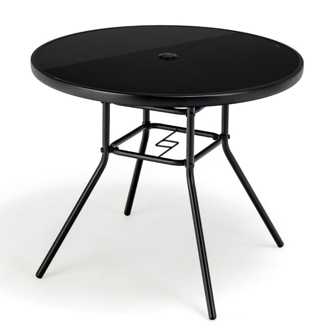 Zahradní stůl s deskou z tvrzeného skla terasový stůl s otvorem pro slunečník 86 x 86 x 71 cm černý