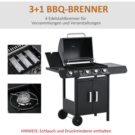 Gas grill with 3 burners & 1 side burner, black steel cabinet
