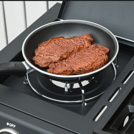 Gas grill with 3 burners & 1 side burner, black steel cabinet