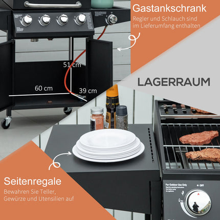 Plynový gril BBQ, 3 hořáky, pojízdný vozík s bočním stolkem