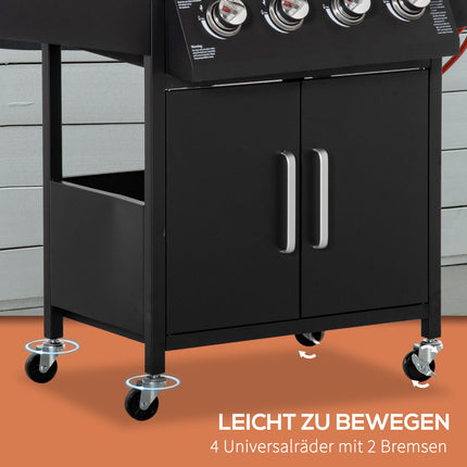 Plynový gril BBQ, 3 hořáky, pojízdný vozík s bočním stolkem