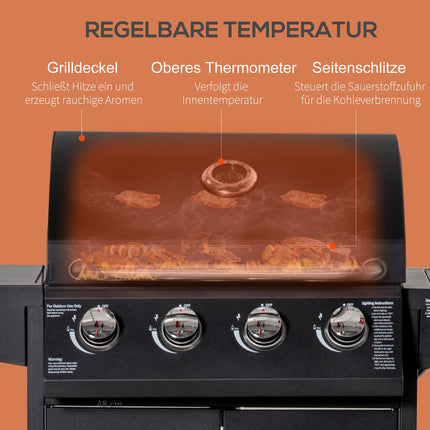 Plynový gril BBQ, 3 hořáky, pojízdný vozík s bočním stolkem