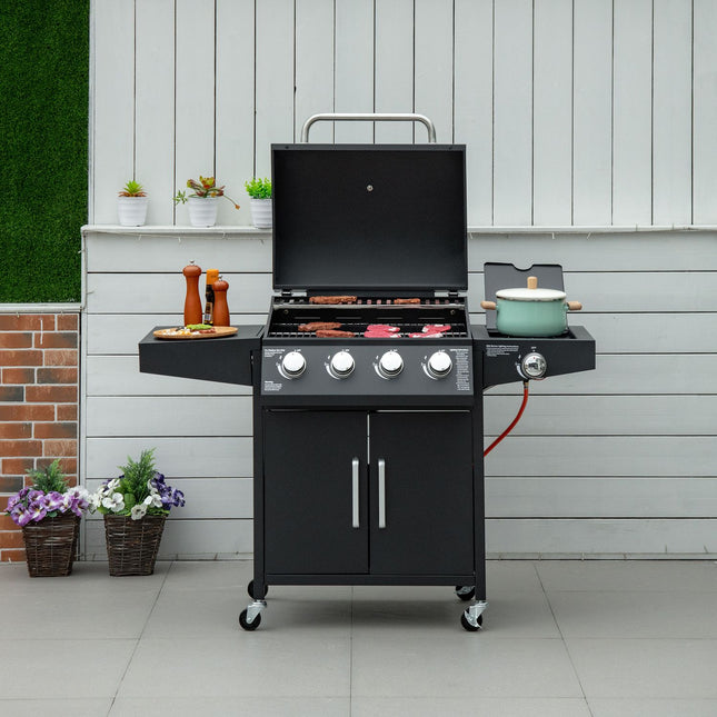 Plynový gril BBQ, 3 hořáky, pojízdný vozík s bočním stolkem