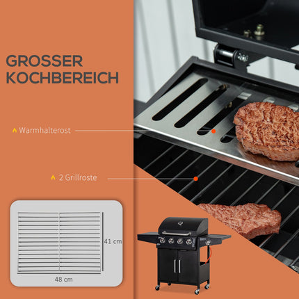 Plynový gril BBQ, 3 hořáky, pojízdný vozík s bočním stolkem