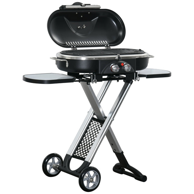 Plynový gril BBQ vozík, skládací, 2 hořáky, nerezová ocel