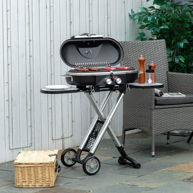 Plynový gril BBQ vozík, skládací, 2 hořáky, nerezová ocel