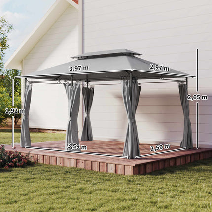 Gazebo 3x4 m with Curtains, Double Roof, Metal Frame