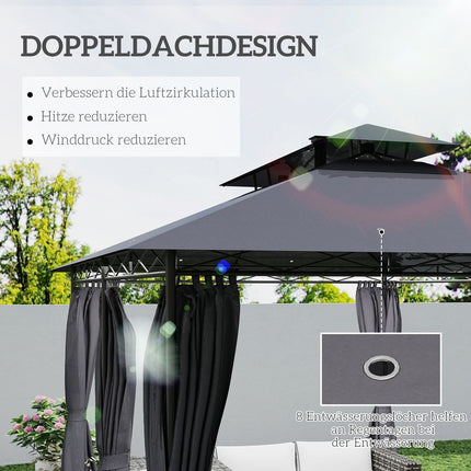 Kovový altán 4x3m, dvojitá střecha, solární LED, tmavě šedá