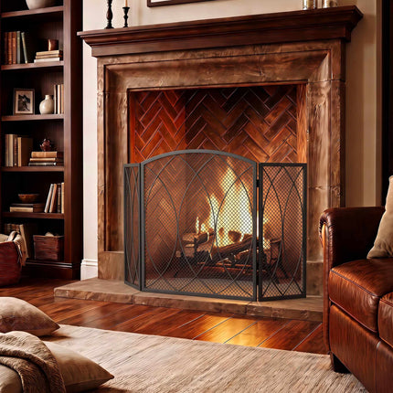 Geometric 3-Panel Metal Fireplace Screen, Black